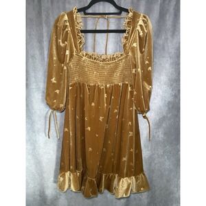 Lait Collection Velvet Mini Dress Sz S Brown Butterfly Ruffle Hem Retro Y2K